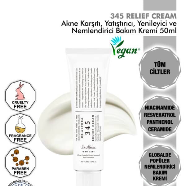 345 Relief Cream - Resmi Orijinal - Resveratrol Içeren Akne Karşıtı Yatıştırıcı, Nemlendirici - 50ml