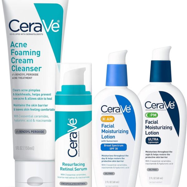 مجموعة العناية بالبشرة لعلاج حب الشباب مع غسول للوجه، سيروم الريتينول، مرطب صباحي بعامل حماية من الشمس، ومرطب مسائي