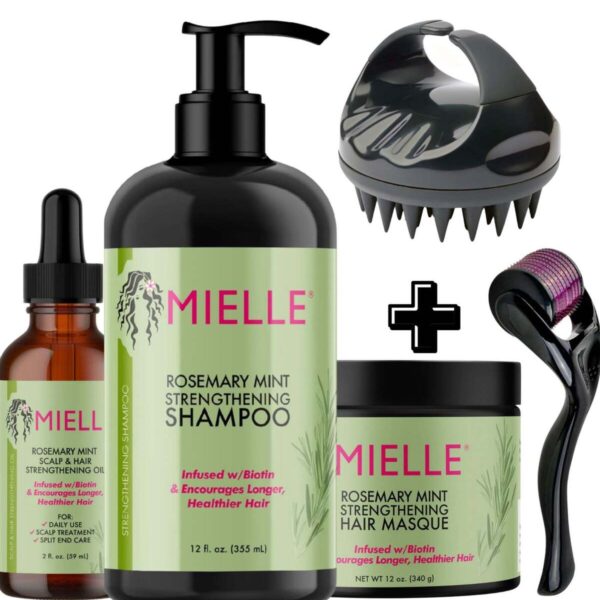 مجموعة تقوية البشرة بالروزماري والنعناع العضوية: زيت، شامبو، قناع، ديرما رولر، ومقشر