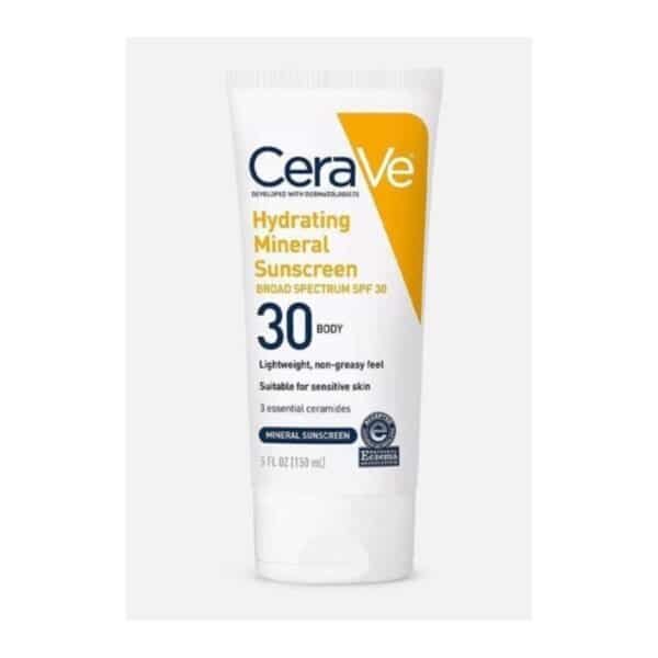 CeraVe 100% Mineral Sunscreen SPF 30 | Body Sunscreen with Zinc Oxide & Titanium Dioxide | Hyaluroni