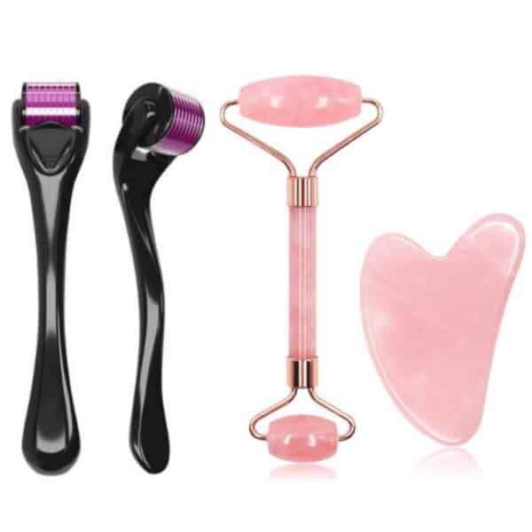 Titanyum Uçlu 540 Iğneli Derma Roller 1 mm ve Pembe Kuvars Face Roller & Pembe Kuvars Kalp Gua Sha
