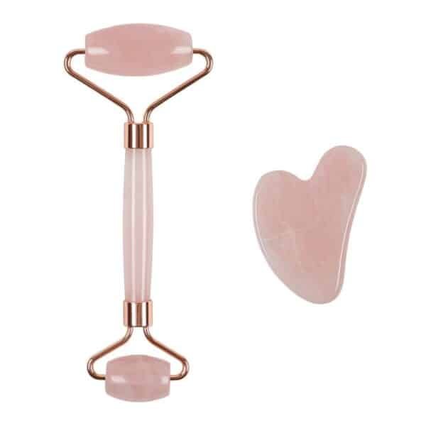 Luxury Rose Quartz Facial Roller and Rose Quartz Gua Sha Set for Facial Massage